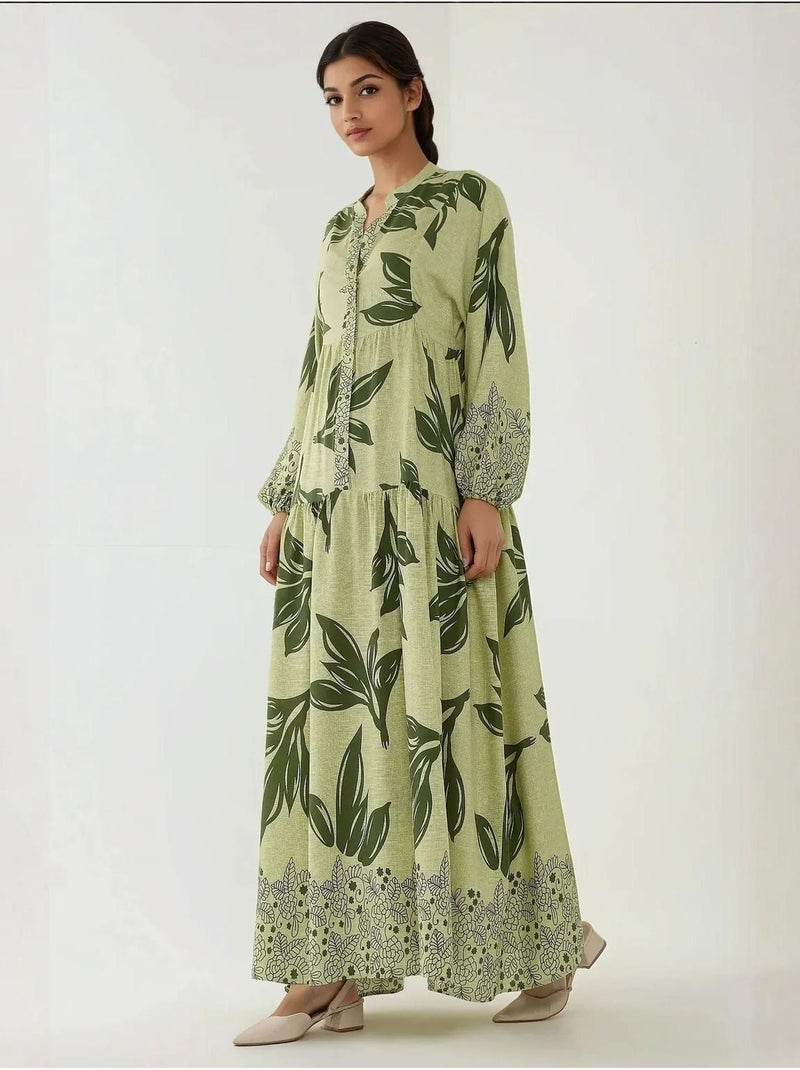 Robe longue imprimée à manches longues en viscose Vert clair - Kiabi