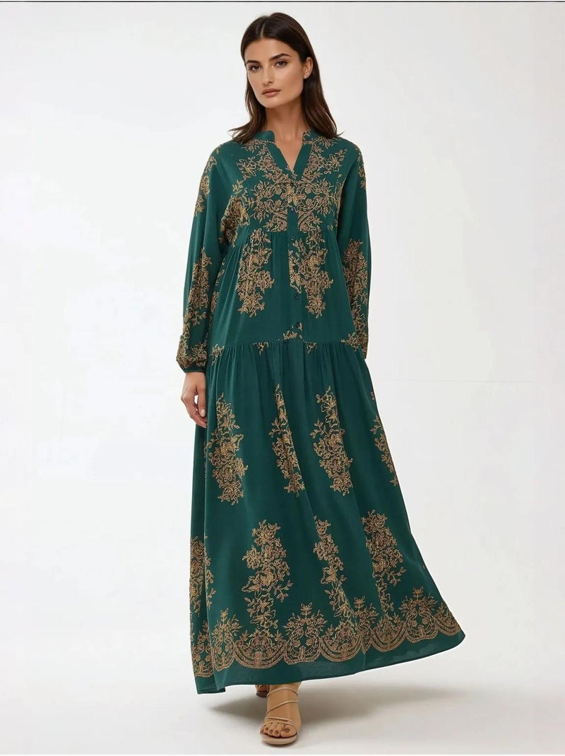 Robe longue imprimée à manches longues en viscose Vert foncé - Kiabi