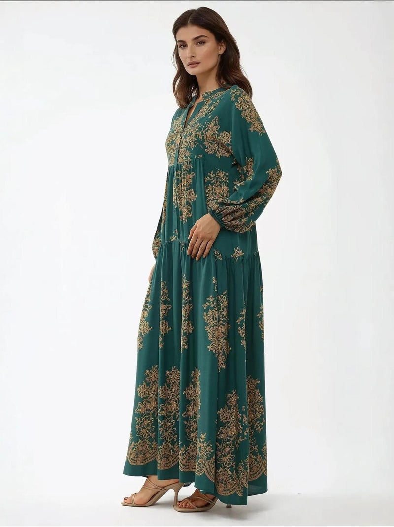 Robe longue imprimée à manches longues en viscose Vert foncé - Kiabi