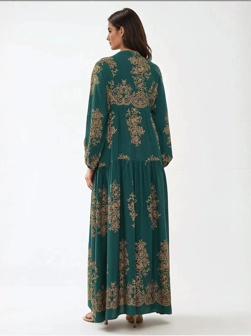 Robe longue imprimée à manches longues en viscose Vert foncé - Kiabi