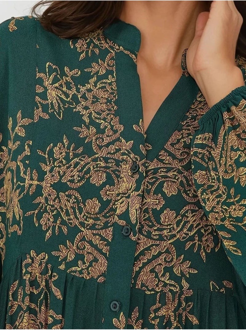 Robe longue imprimée à manches longues en viscose Vert foncé - Kiabi