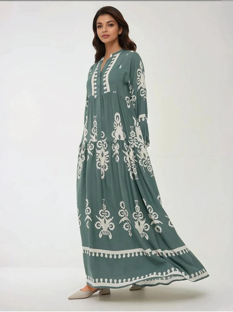Robe longue imprimée à manches longues en viscose Vert pastel - Kiabi