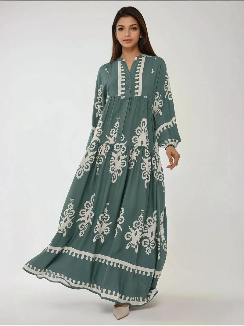 Robe longue imprimée à manches longues en viscose Vert pastel - Kiabi