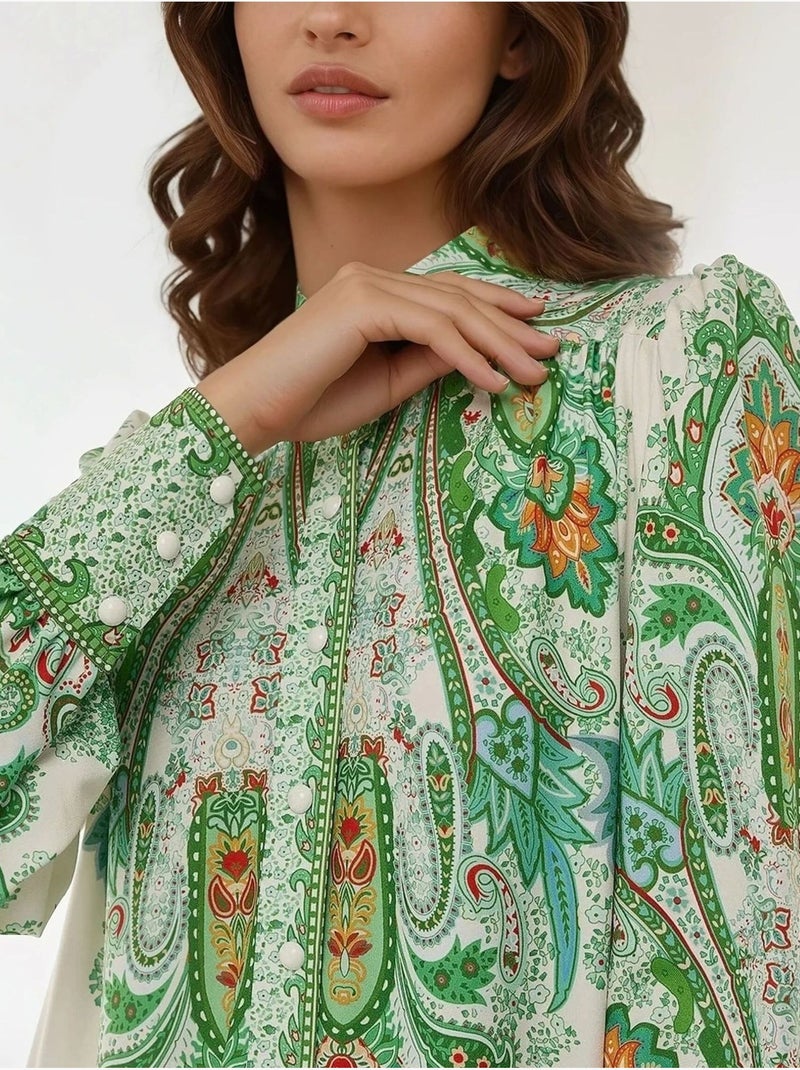Robe longue imprimée à manches longues Vert - Kiabi