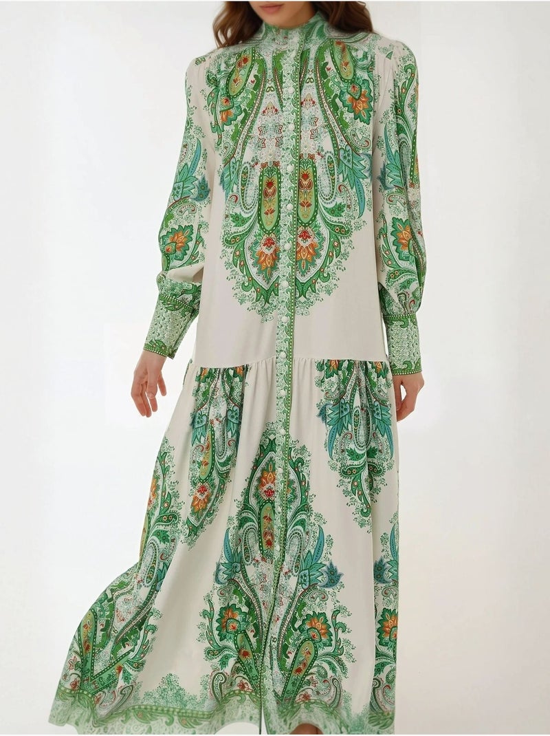 Robe longue imprimée à manches longues Vert - Kiabi
