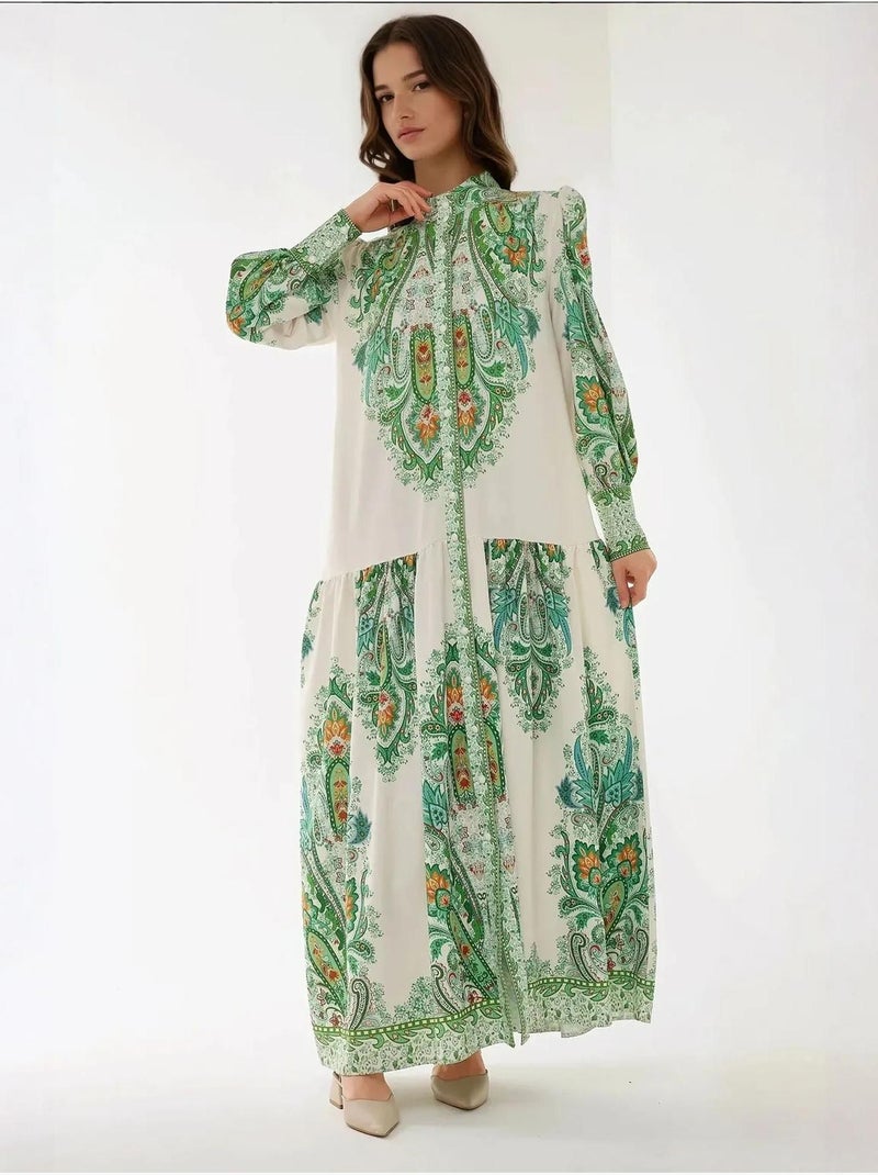 Robe longue imprimée à manches longues Vert - Kiabi
