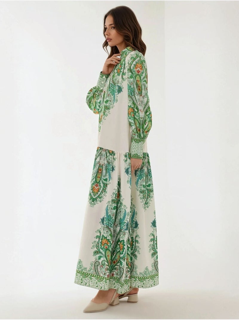 Robe longue imprimée à manches longues Vert - Kiabi