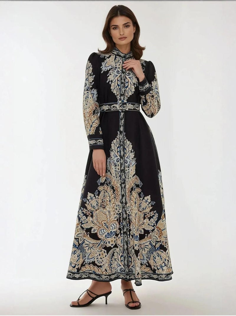 Robe longue imprimée en forme de A avec ceinture Noir - Kiabi