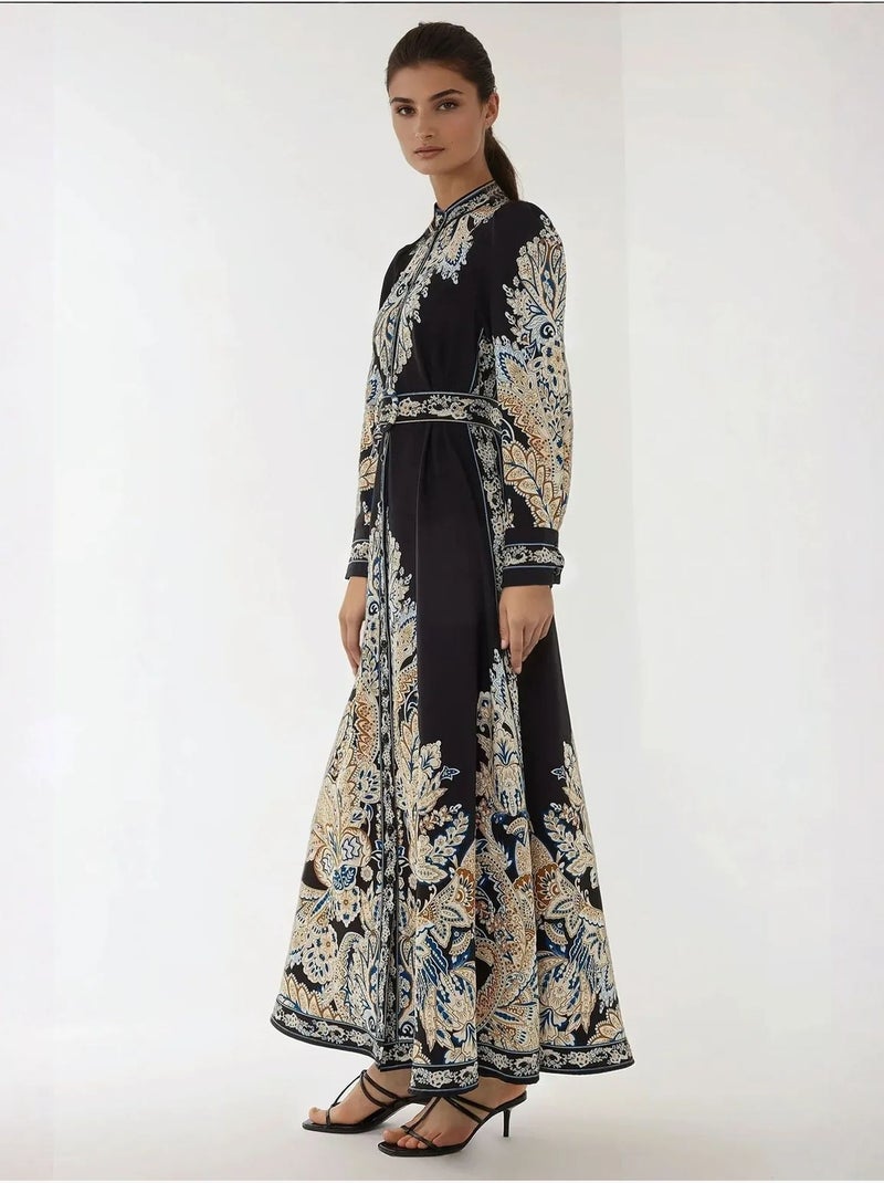 Robe longue imprimée en forme de A avec ceinture Noir - Kiabi