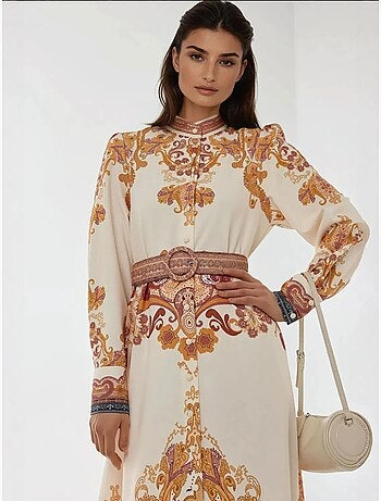 Robe longue imprimée en forme de A avec ceinture