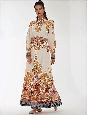 Robe longue imprimée en forme de A avec ceinture