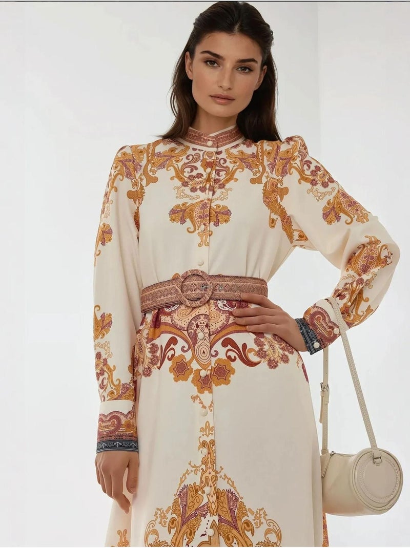 Robe longue imprimée en forme de A avec ceinture Orange - Kiabi
