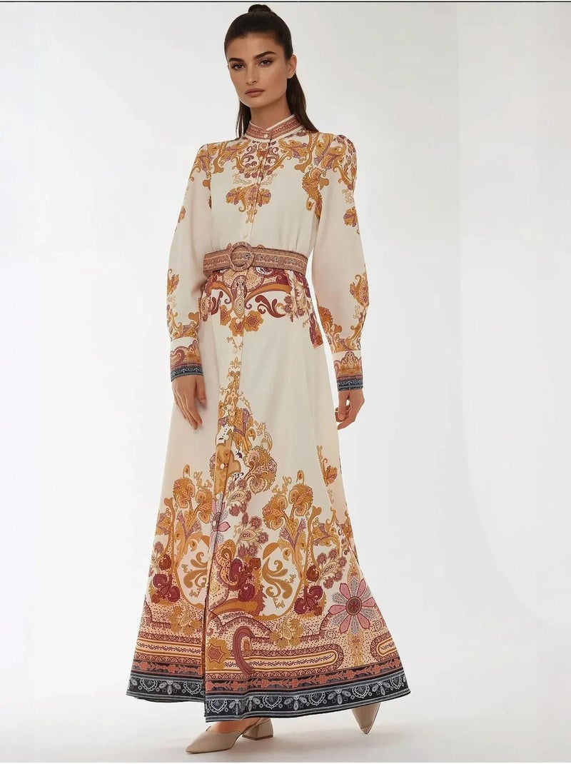 Robe longue imprimée en forme de A avec ceinture Orange - Kiabi