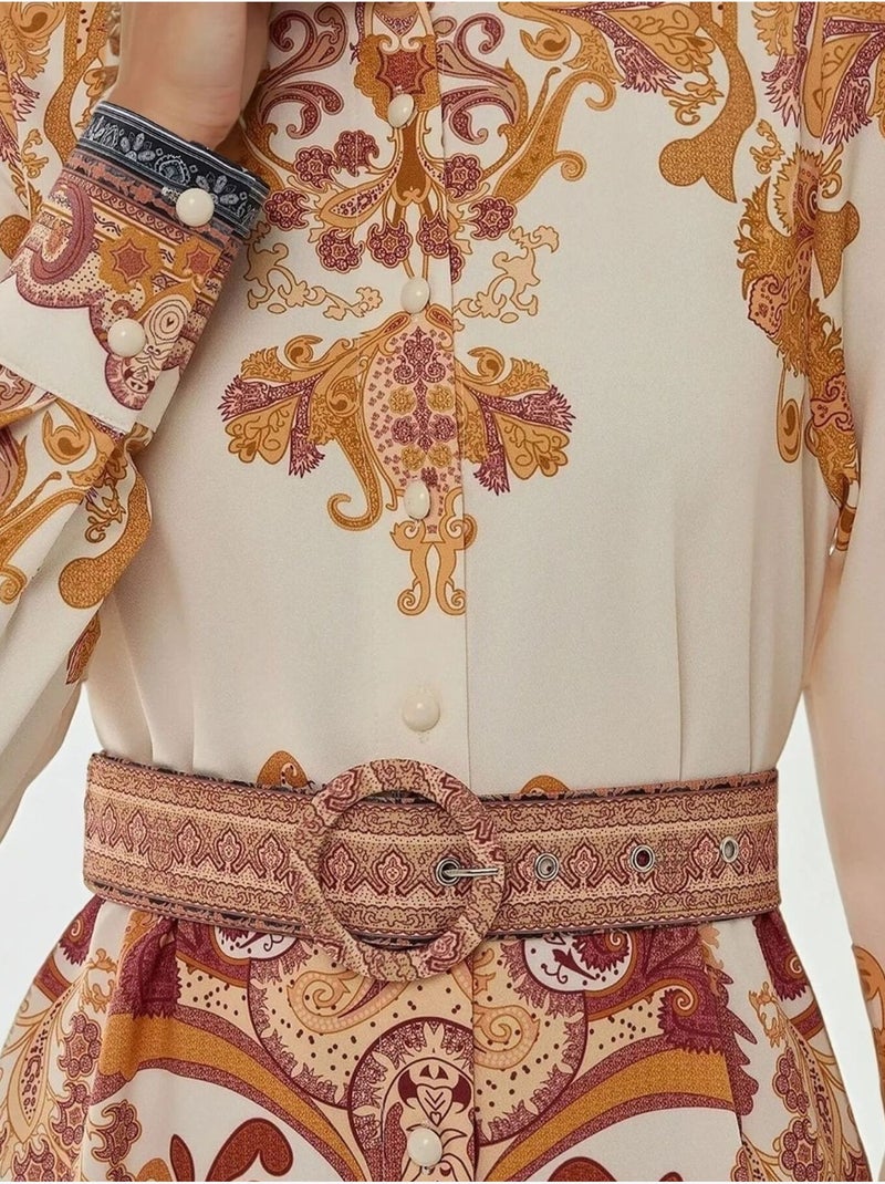 Robe longue imprimée en forme de A avec ceinture Orange - Kiabi