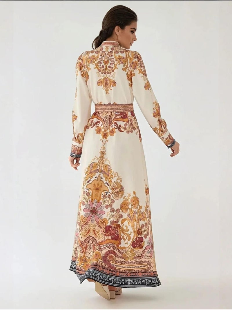 Robe longue imprimée en forme de A avec ceinture Orange - Kiabi
