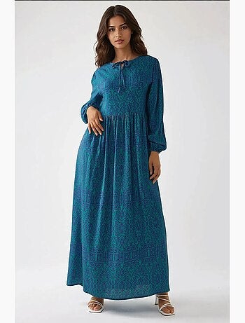 Robe longue imprimée en forme de a avec col ras du cou hiccup