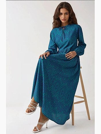Robe longue imprimée en forme de a avec col ras du cou hiccup