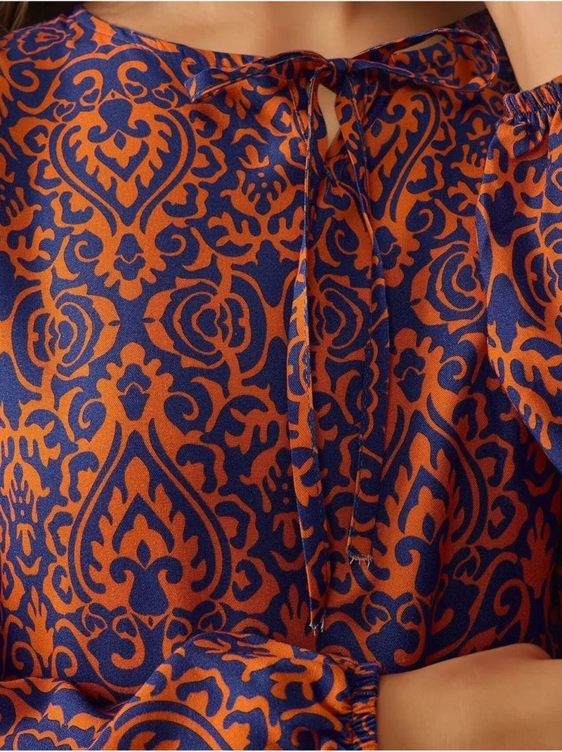 Robe longue imprimée en forme de A avec col ras du cou Orange - Kiabi