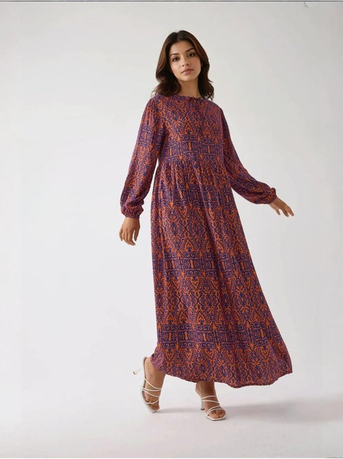 Robe longue imprimée en forme de A avec col ras du cou - Kiabi