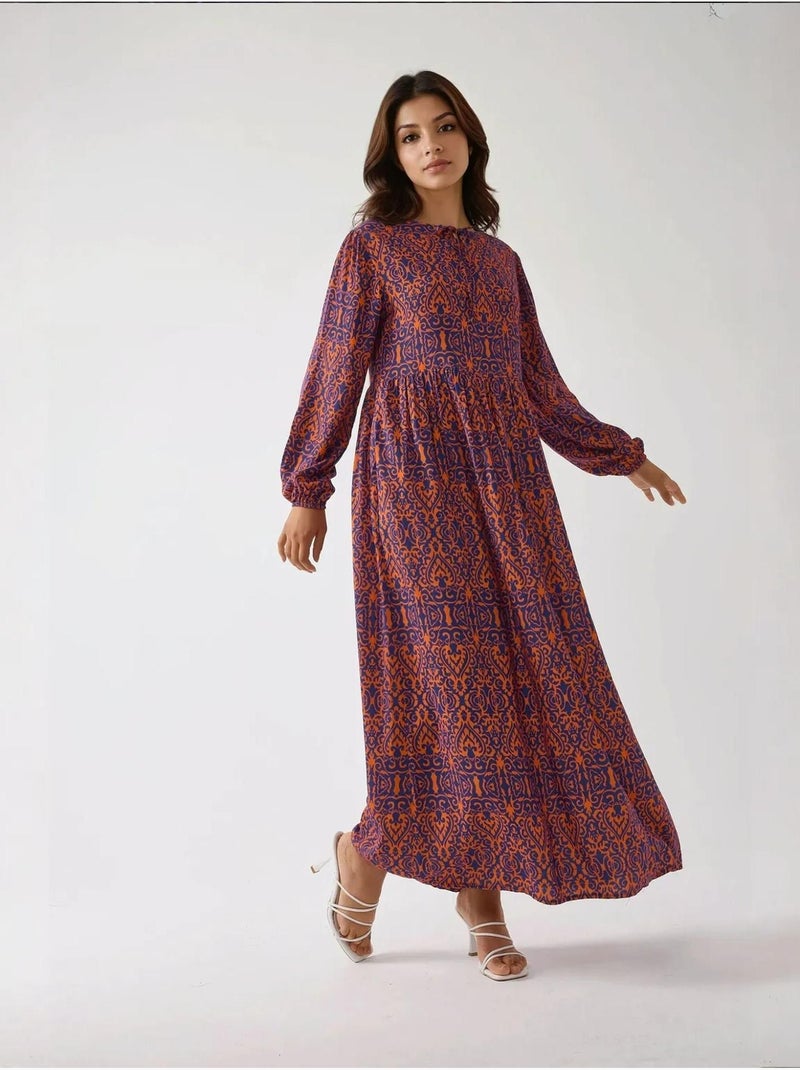 Robe longue imprimée en forme de A avec col ras du cou Orange - Kiabi