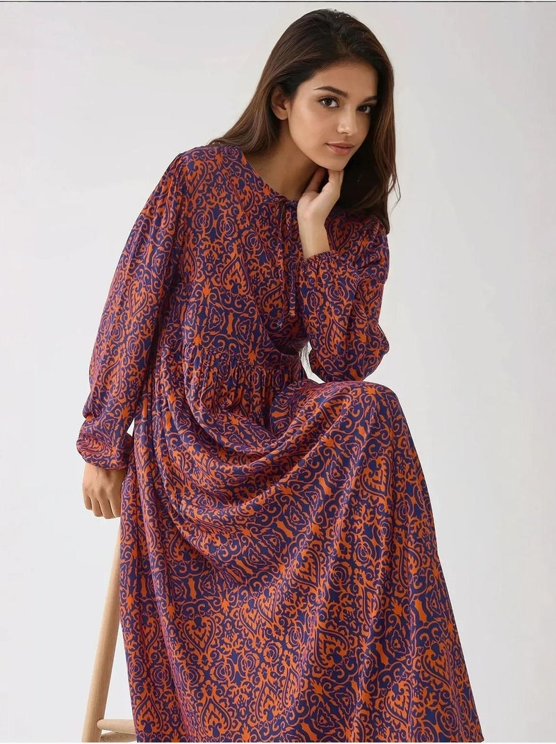 Robe longue imprimée en forme de A avec col ras du cou Orange - Kiabi