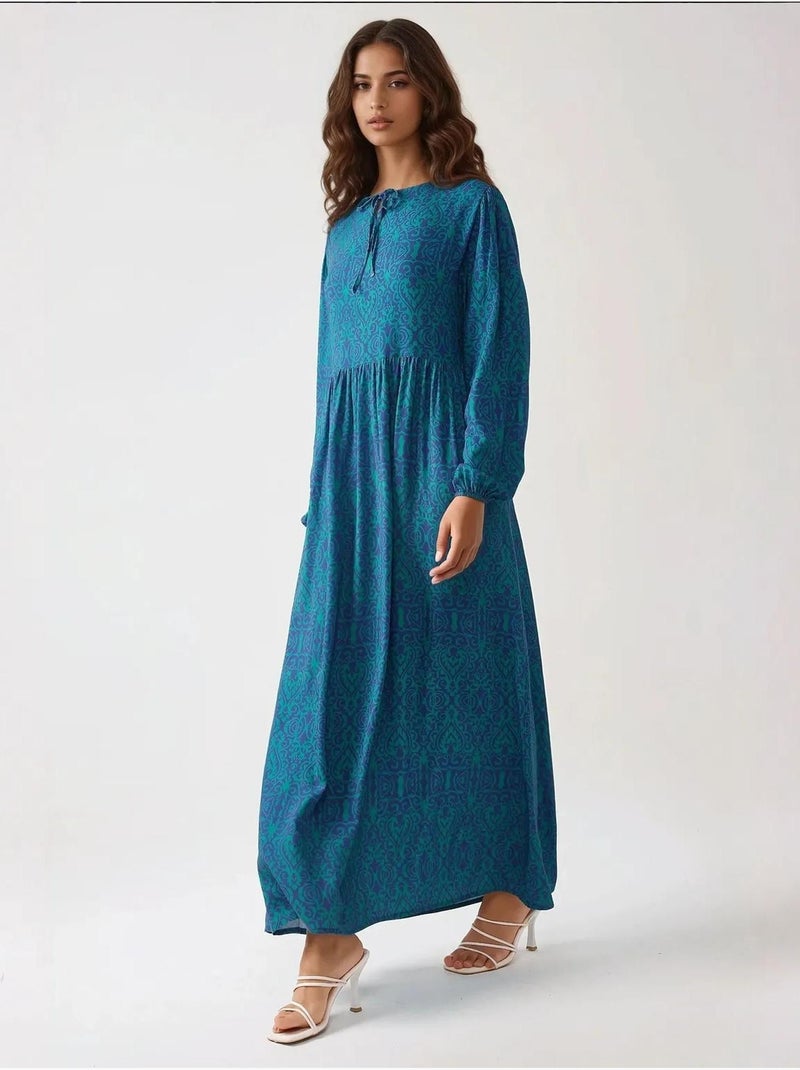 Robe longue imprimée en forme de A avec col ras du cou Vert foncé - Kiabi