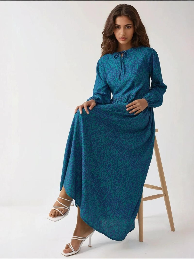 Robe longue imprimée en forme de A avec col ras du cou Vert foncé - Kiabi