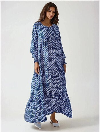 Robe longue imprimée en viscose à col ras du cou