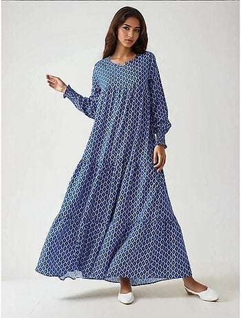 Robe longue imprimée en viscose à col ras du cou