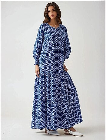 Robe longue imprimée en viscose à col ras du cou