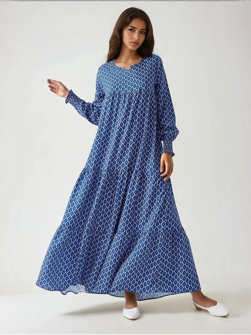 Robe longue imprimée en viscose à col ras du cou Bleu marine - Kiabi