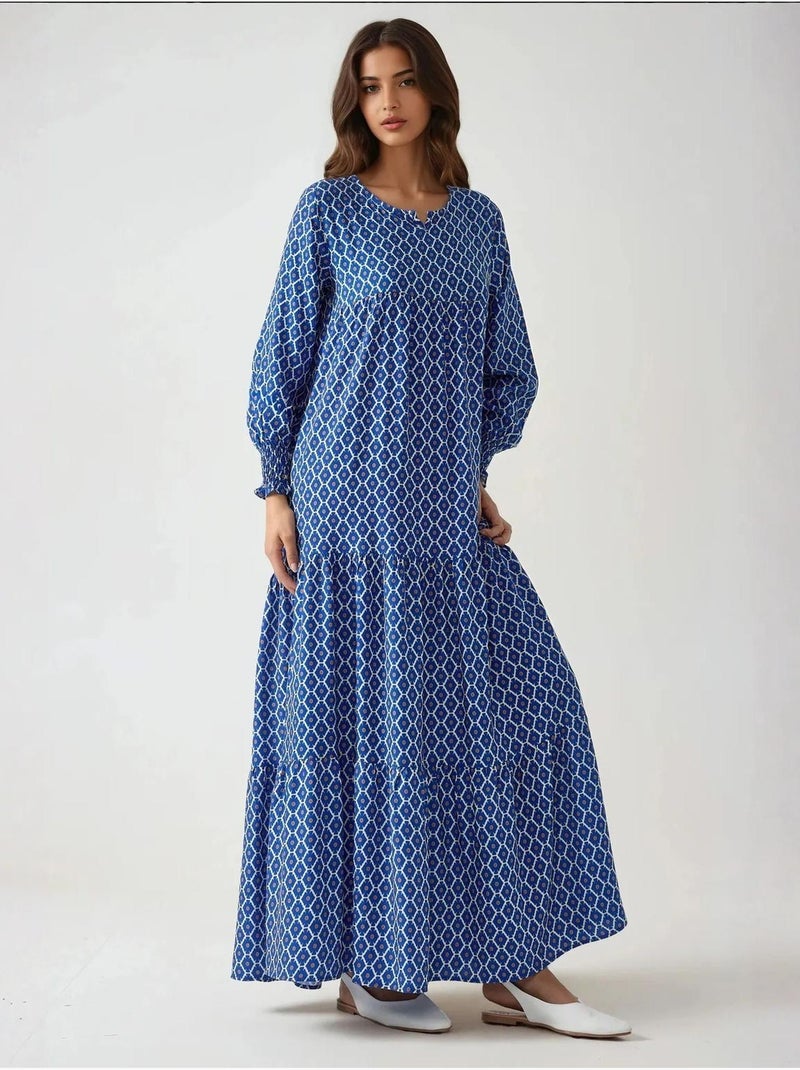 Robe longue imprimée en viscose à col ras du cou Bleu marine - Kiabi