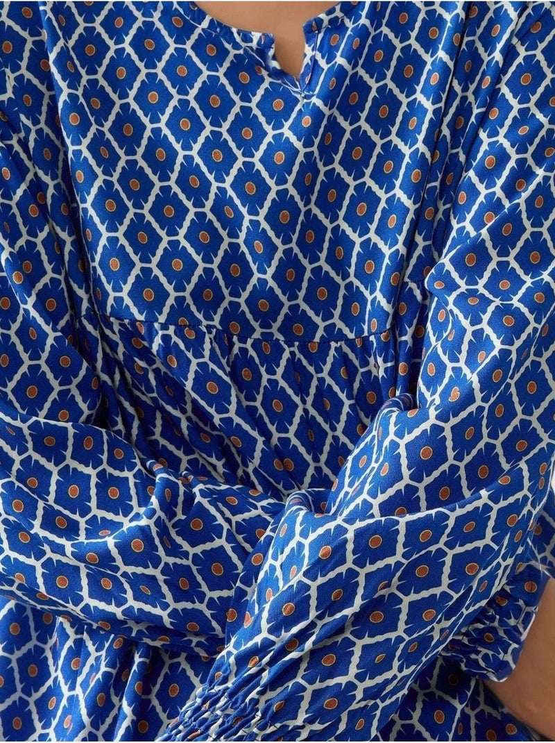 Robe longue imprimée en viscose à col ras du cou Bleu marine - Kiabi