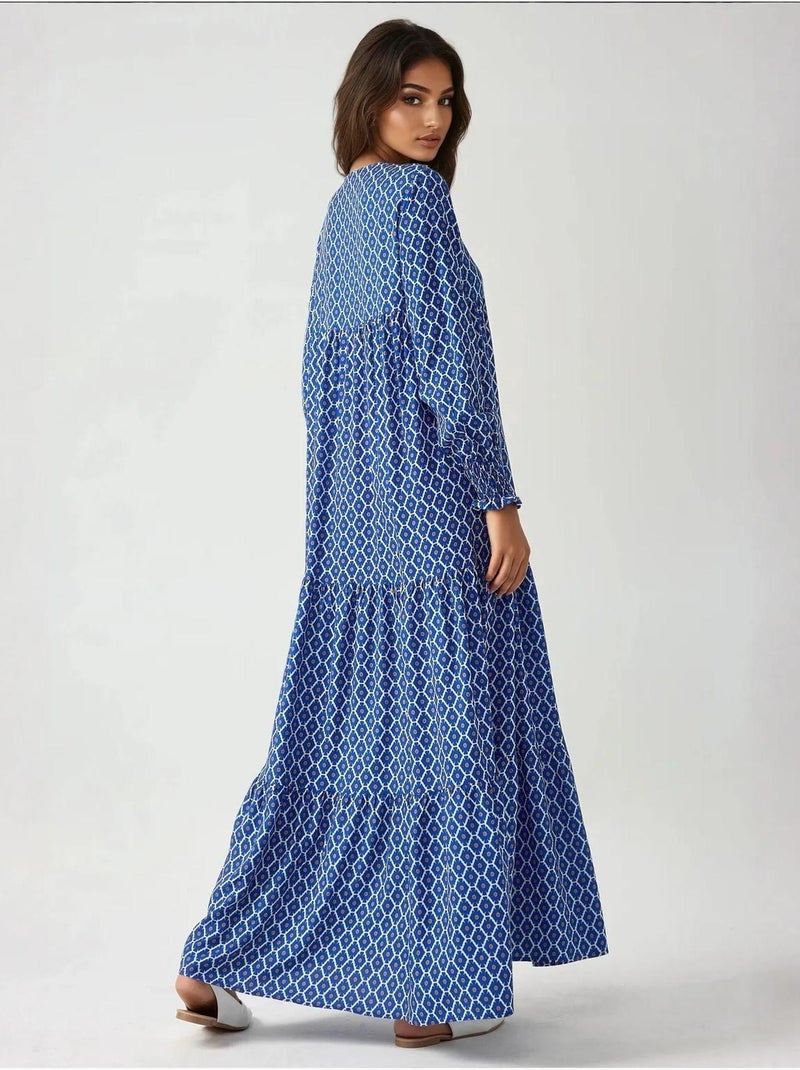 Robe longue imprimée en viscose à col ras du cou Bleu marine - Kiabi