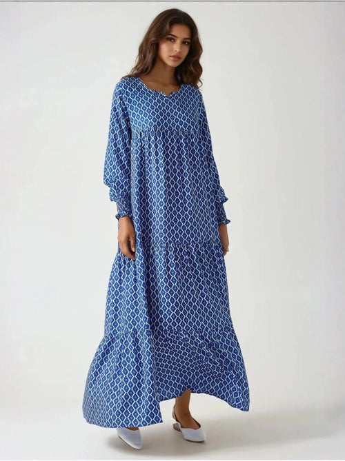 Robe longue imprimée en viscose à col ras du cou hiccup - Kiabi Robe longue imprimée en viscose à col ras du cou hiccup - Kiabi
