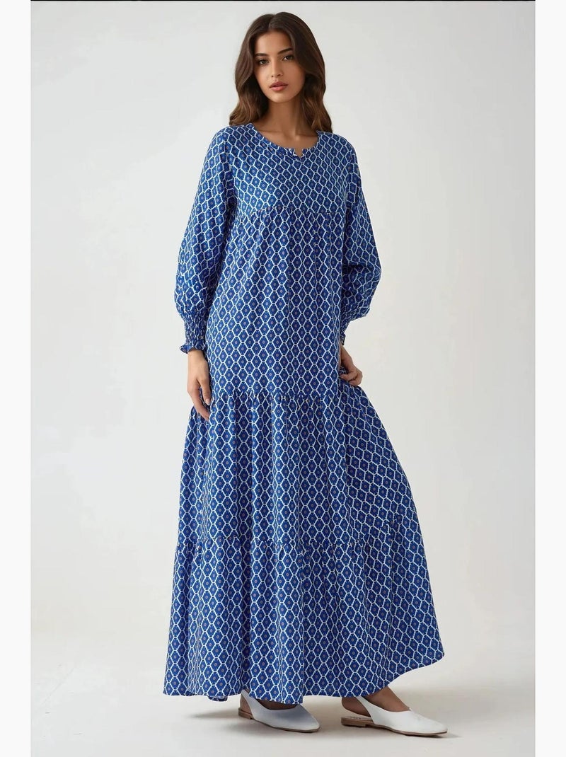 Robe longue imprimée en viscose à col ras du cou hiccup Bleu marine - Kiabi