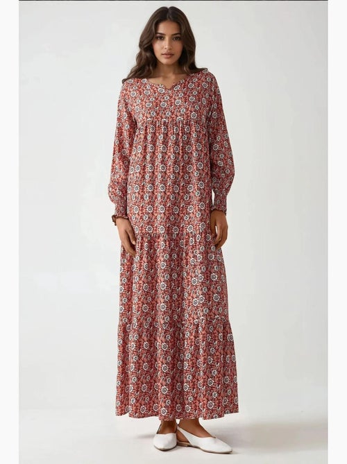 Robe longue imprimée en viscose à col ras du cou hiccup - Kiabi