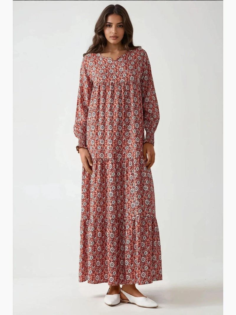 Robe longue imprimée en viscose à col ras du cou hiccup Rouge - Kiabi