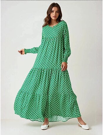 Robe longue imprimée en viscose à col ras du cou hiccup