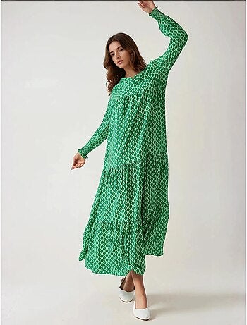 Robe longue imprimée en viscose à col ras du cou hiccup