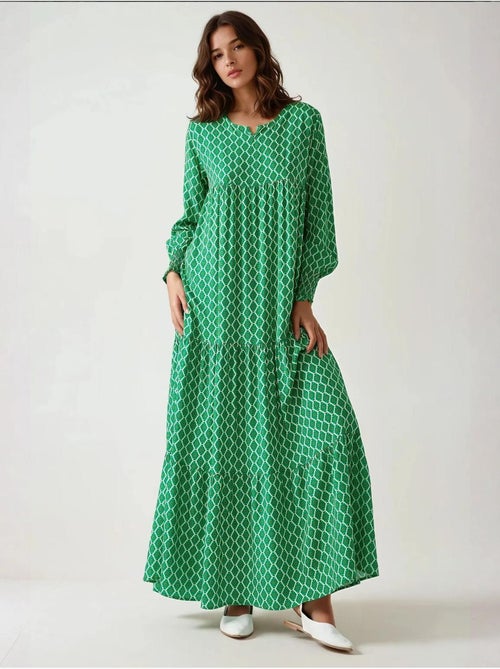 Robe longue imprimée en viscose à col ras du cou hiccup - Kiabi Robe longue imprimée en viscose à col ras du cou hiccup - Kiabi