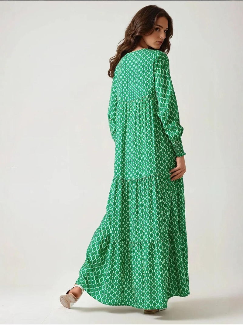 Robe longue imprimée en viscose à col ras du cou hiccup Vert bouteille - Kiabi