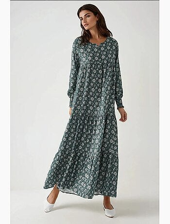 Robe longue imprimée en viscose à col ras du cou hiccup