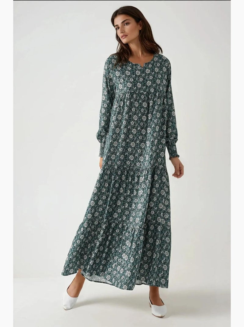Robe longue imprimée en viscose à col ras du cou hiccup Vert pastel - Kiabi