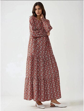 Robe longue imprimée en viscose à col ras du cou