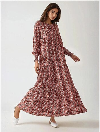 Robe longue imprimée en viscose à col ras du cou