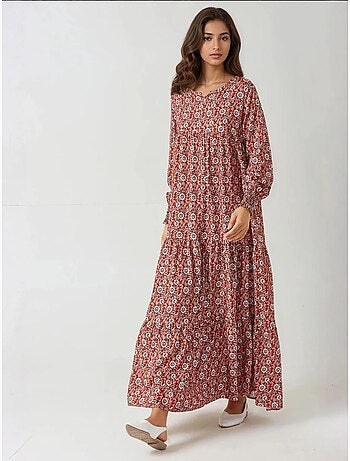 Robe longue imprimée en viscose à col ras du cou