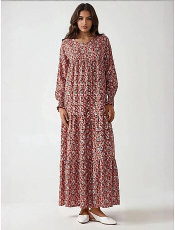 Robe longue imprimée en viscose à col ras du cou