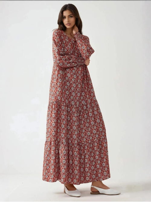 Robe longue imprimée en viscose à col ras du cou - Kiabi