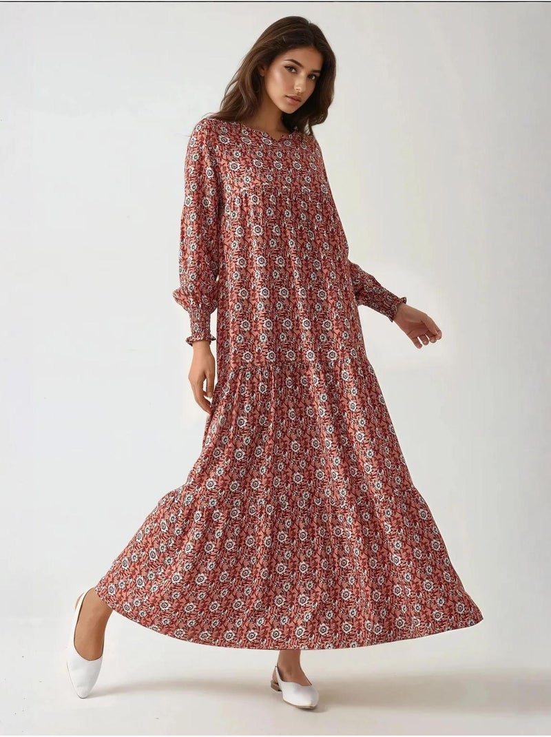 Robe longue imprimée en viscose à col ras du cou Rouge - Kiabi